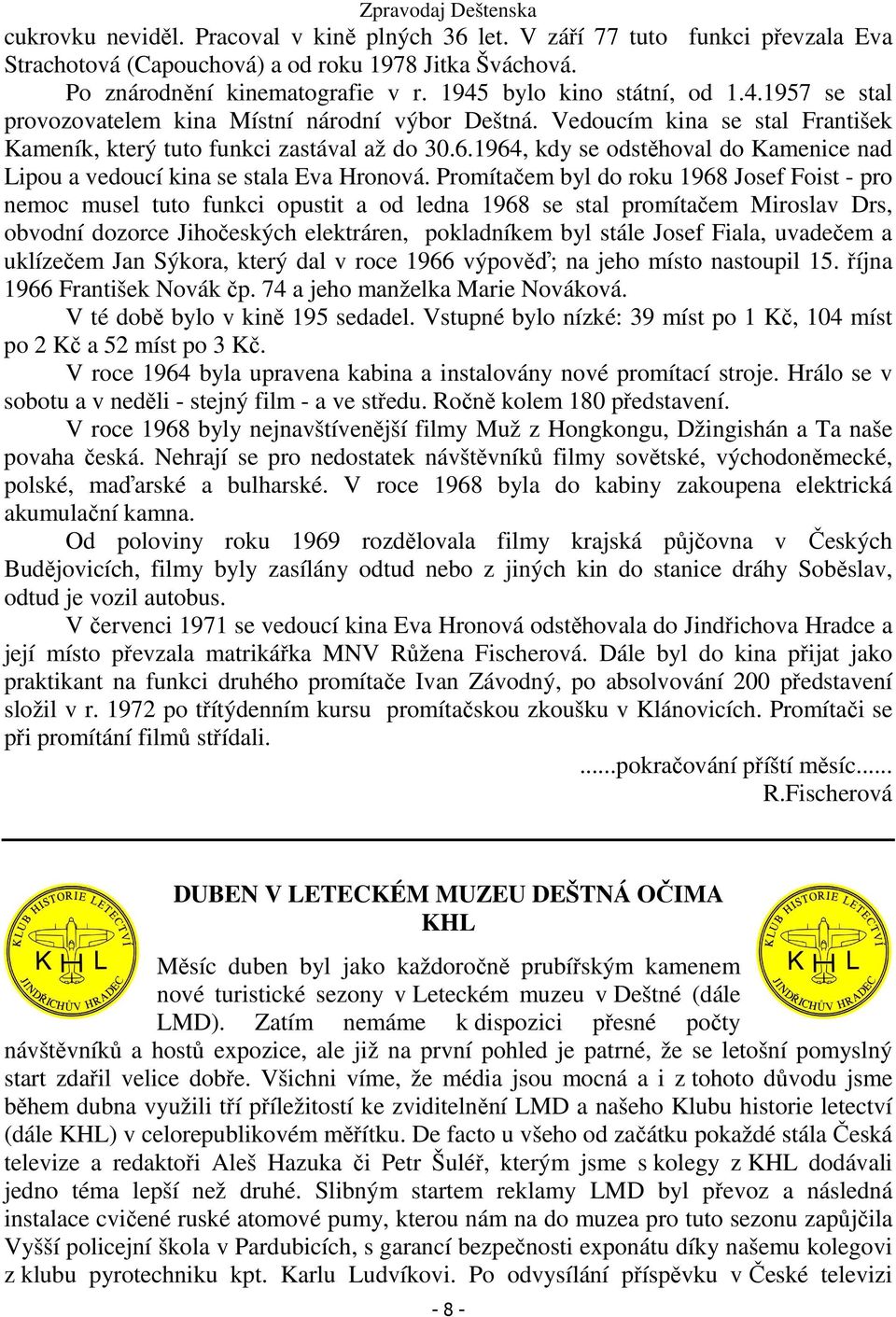 1964, kdy se odstěhoval do Kamenice nad Lipou a vedoucí kina se stala Eva Hronová.