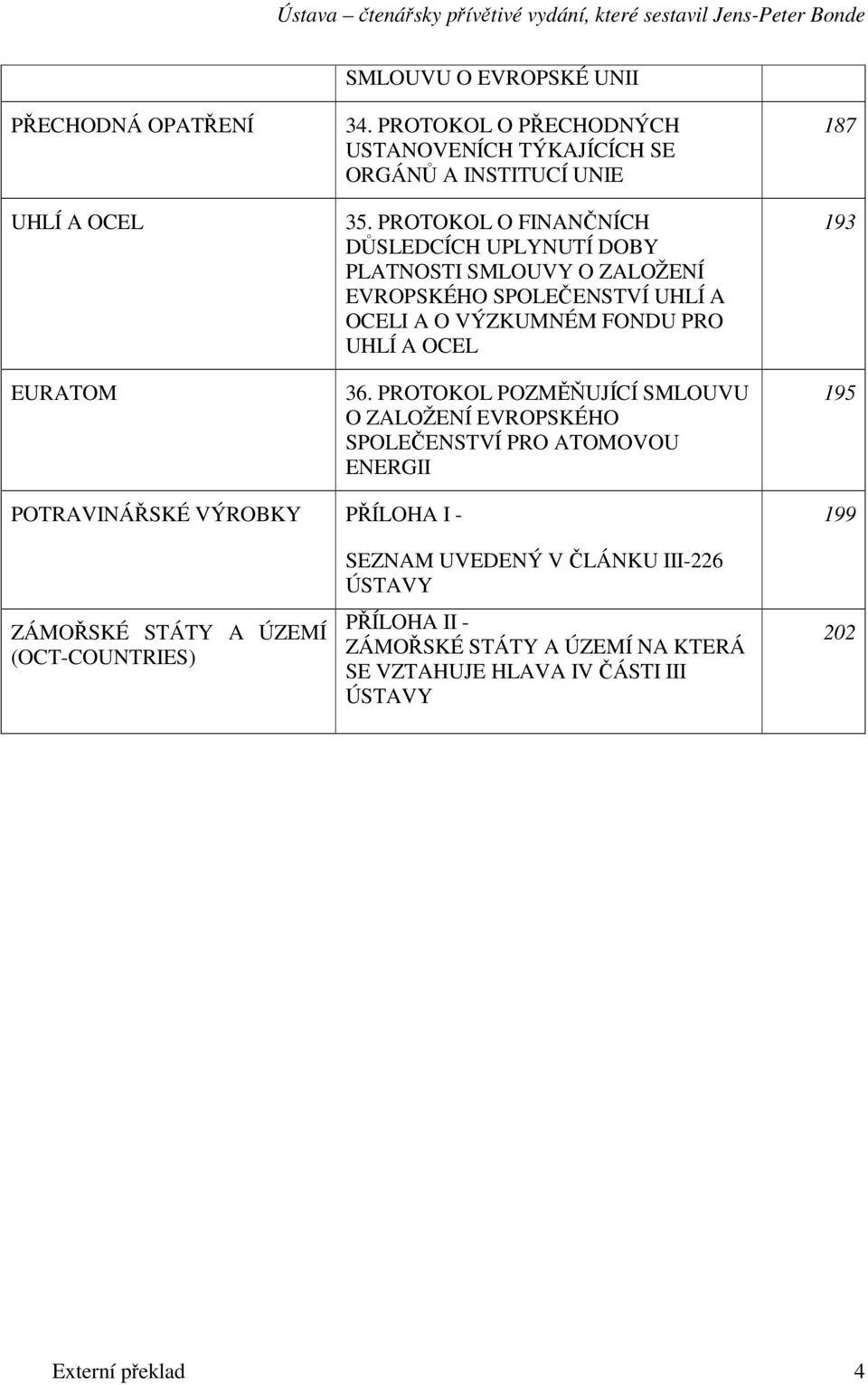 PROTOKOL POZMUJÍCÍ SMLOUVU O ZALOŽENÍ EVROPSKÉHO SPOLEENSTVÍ PRO ATOMOVOU ENERGII 187 193 195 POTRAVINÁSKÉ VÝROBKY PÍLOHA I - 199 ZÁMOSKÉ STÁTY A