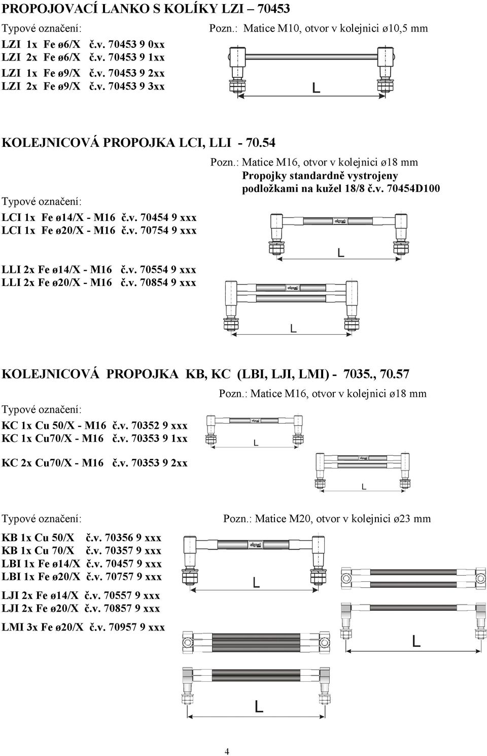 : Matice M16, otvor v kolejnici ø18 mm Propojky standardně vystrojeny podložkami na kužel 18/8 č.v. 70454D100 LLI 2x Fe ø14/x - M16 č.v. 70554 9 xxx LLI 2x Fe ø20/x - M16 č.v. 70854 9 xxx KOLEJ ICOVÁ PROPOJKA KB, KC (LBI, LJI, LMI) - 7035.