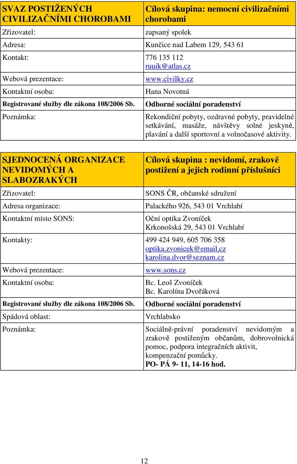 SJEDNOCENÁ ORGANIZACE NEVIDOMÝCH A SLABOZRAKÝCH Adresa organizace: Kontaktní místo SONS: Cílová skupina : nevidomí, zrakově postižení a jejich rodinní příslušníci SONS ČR, občanské sdružení Palackého