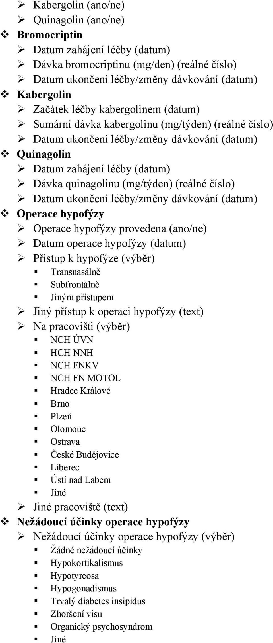 číslo) Datum ukončení léčby/změny dávkování (datum) Operace hypofýzy Operace hypofýzy provedena (ano/ne) Datum operace hypofýzy (datum) Přístup k hypofýze (výběr) Transnasálně Subfrontálně Jiným