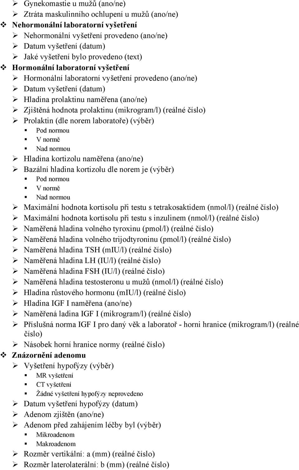 (mikrogram/l) (reálné číslo) Prolaktin (dle norem laboratoře) (výběr) Pod normou V normě Nad normou Hladina kortizolu naměřena (ano/ne) Bazální hladina kortizolu dle norem je (výběr) Pod normou V