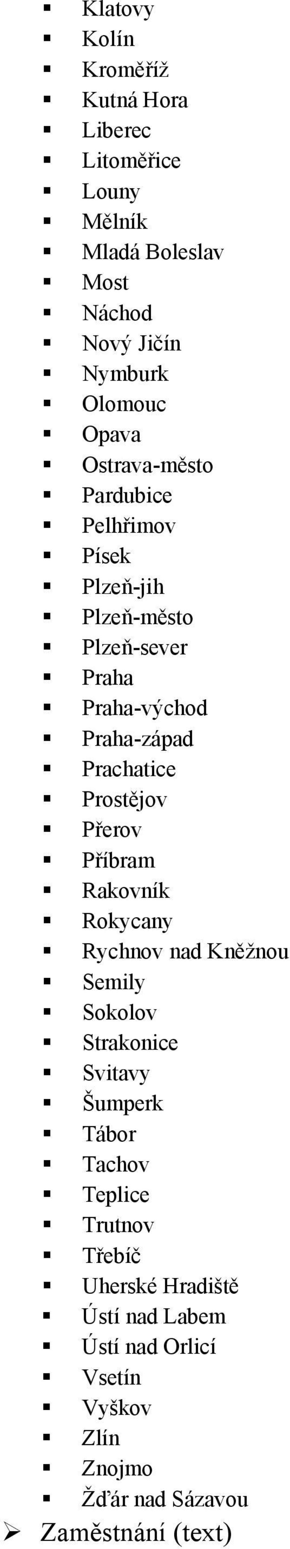 Prostějov Přerov Příbram Rakovník Rokycany Rychnov nad Kněžnou Semily Sokolov Strakonice Svitavy Šumperk Tábor Tachov