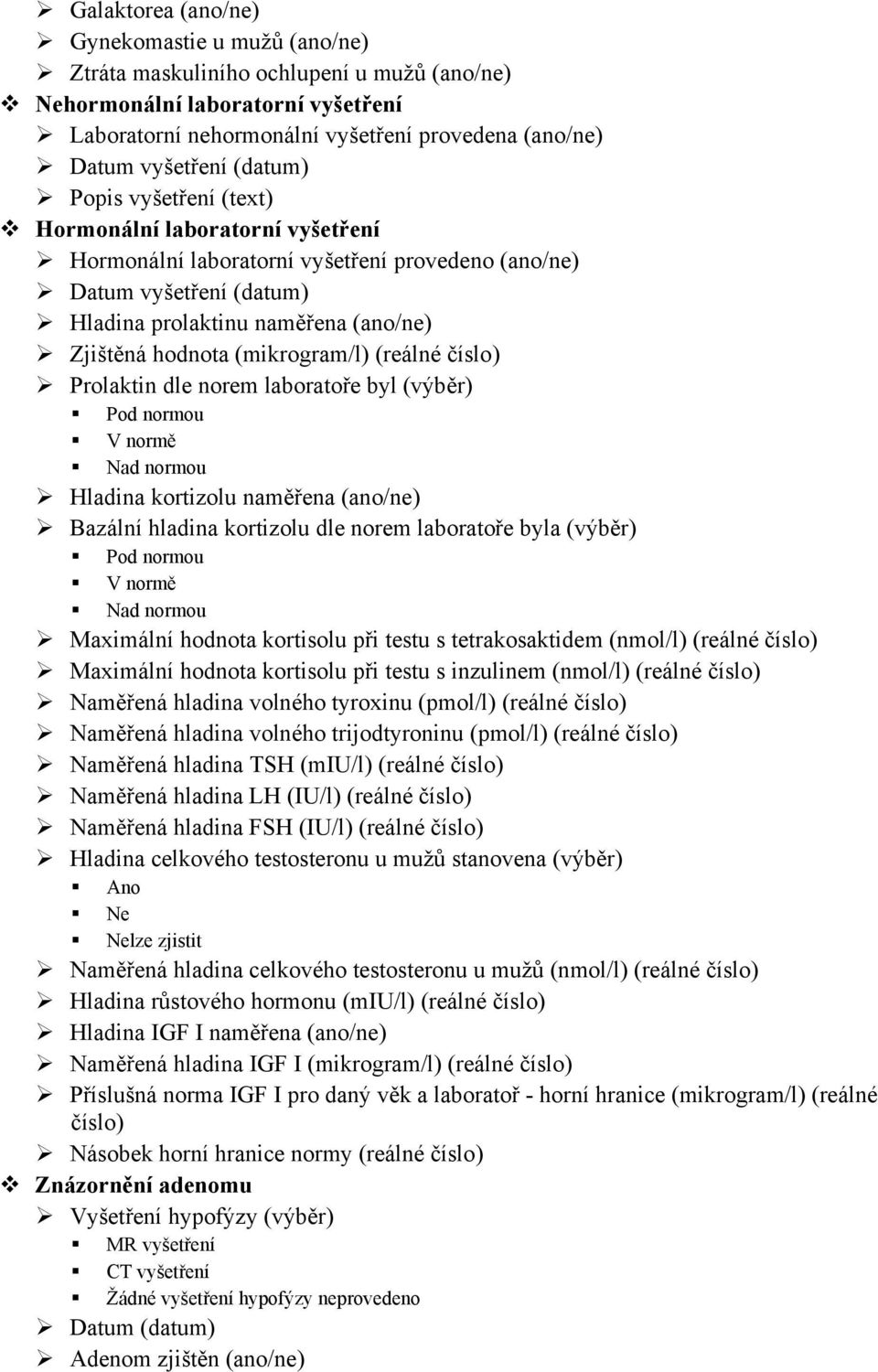 (mikrogram/l) (reálné číslo) Prolaktin dle norem laboratoře byl (výběr) Pod normou V normě Nad normou Hladina kortizolu naměřena (ano/ne) Bazální hladina kortizolu dle norem laboratoře byla (výběr)