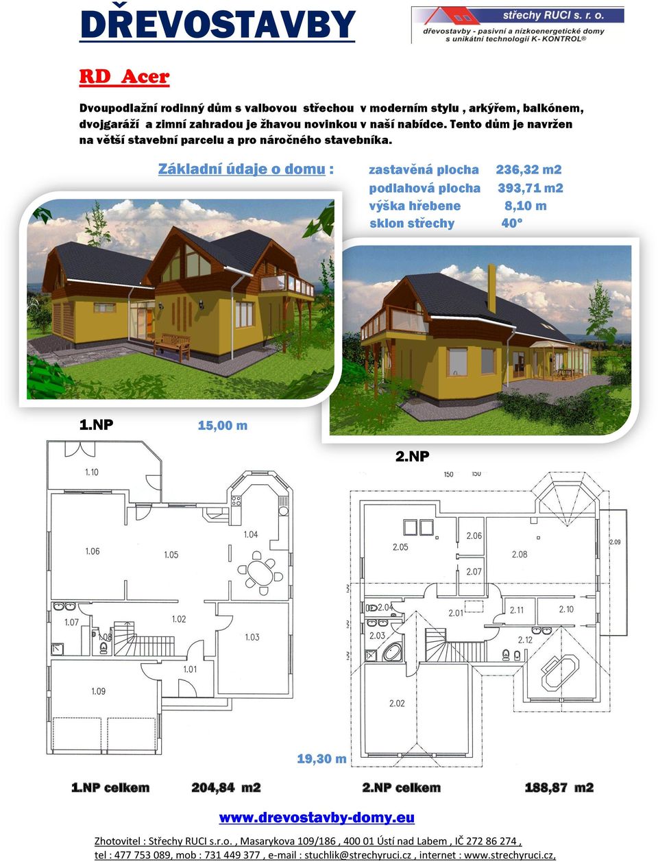 Základní údaje o domu : zastavěná plocha 236,32 m2 podlahová plocha 393,71 m2 výška hřebene 8,10 m sklon střechy 40º 1.NP 15,00 m 2.NP 19,30 m 1.