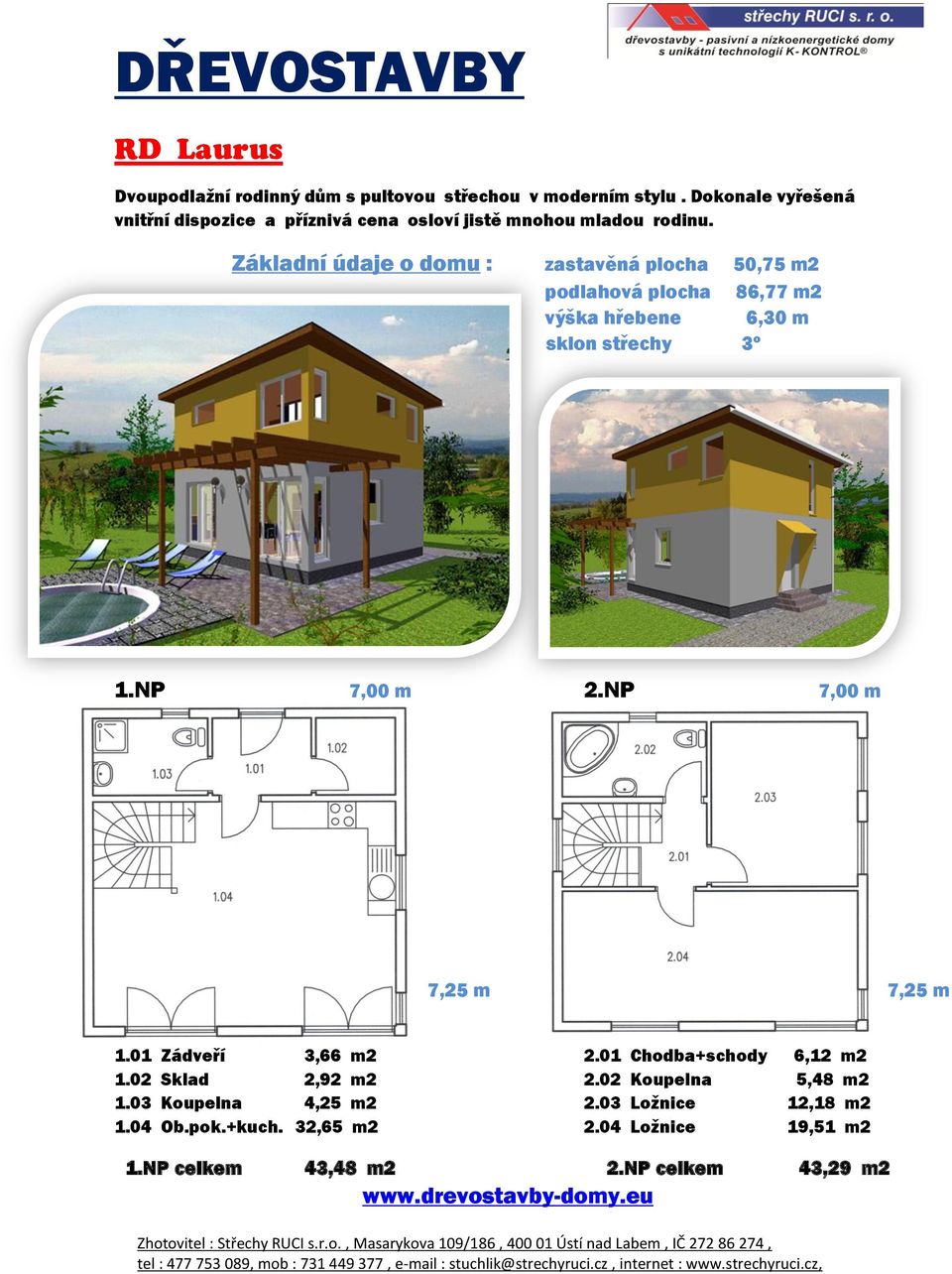 01 Chodba+schody 6,12 m2 1.02 Sklad 2,92 m2 2.02 Koupelna 5,48 m2 1.03 Koupelna 4,25 m2 2.03 Ložnice 12,18 m2 1.04 Ob.pok.+kuch. 32,65 m2 2.04 Ložnice 19,51 m2 1.NP celkem 43,48 m2 2.