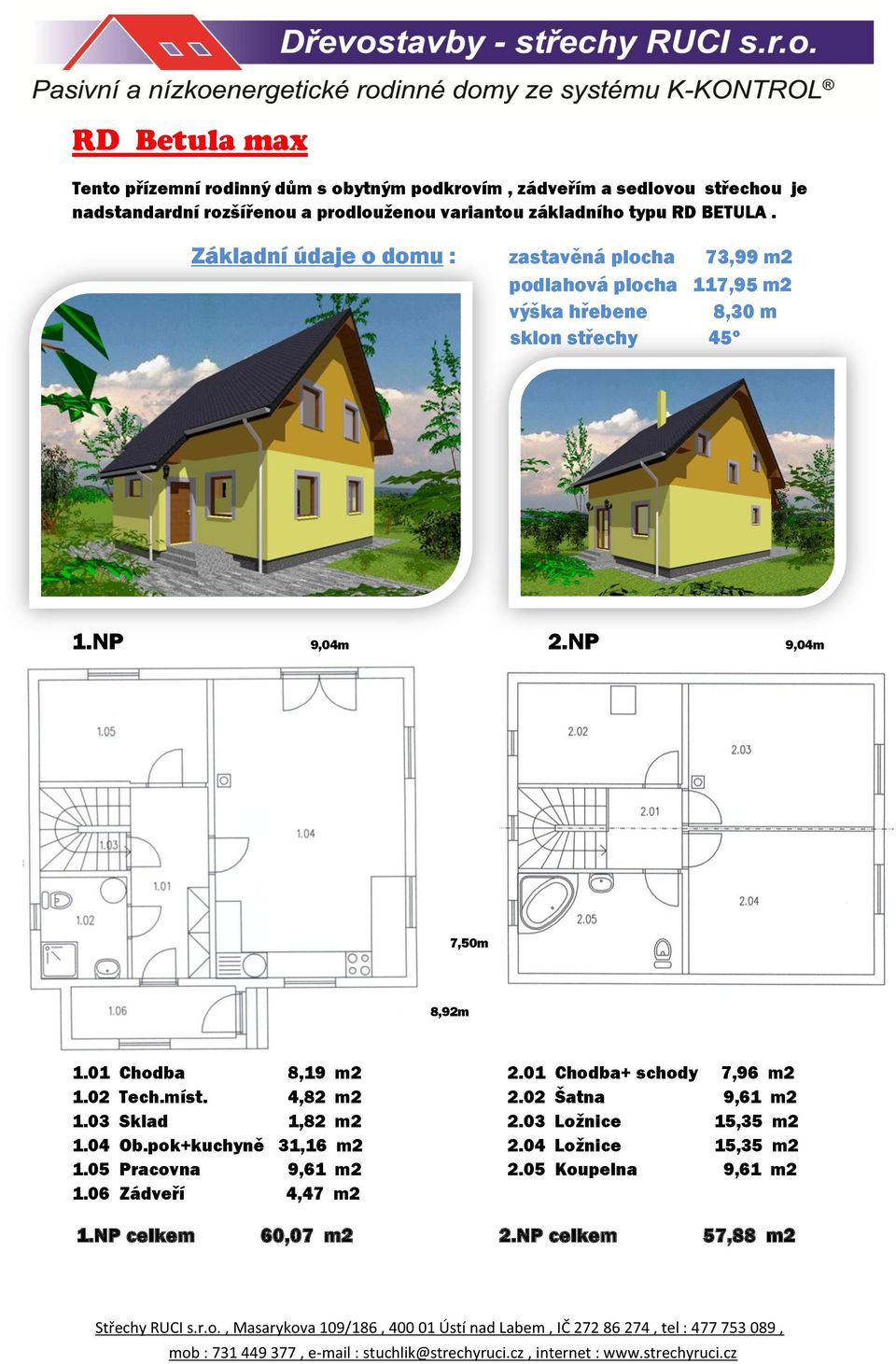 01 Chodba+ schody 7,96 m2 1.02 Tech.míst. 4,82 m2 2.02 Šatna 9,61 m2 1.03 Sklad 1,82 m2 2.03 Ložnice 15,35 m2 1.04 Ob.pok+kuchyně 31,16 m2 2.04 Ložnice 15,35 m2 1.05 Pracovna 9,61 m2 2.