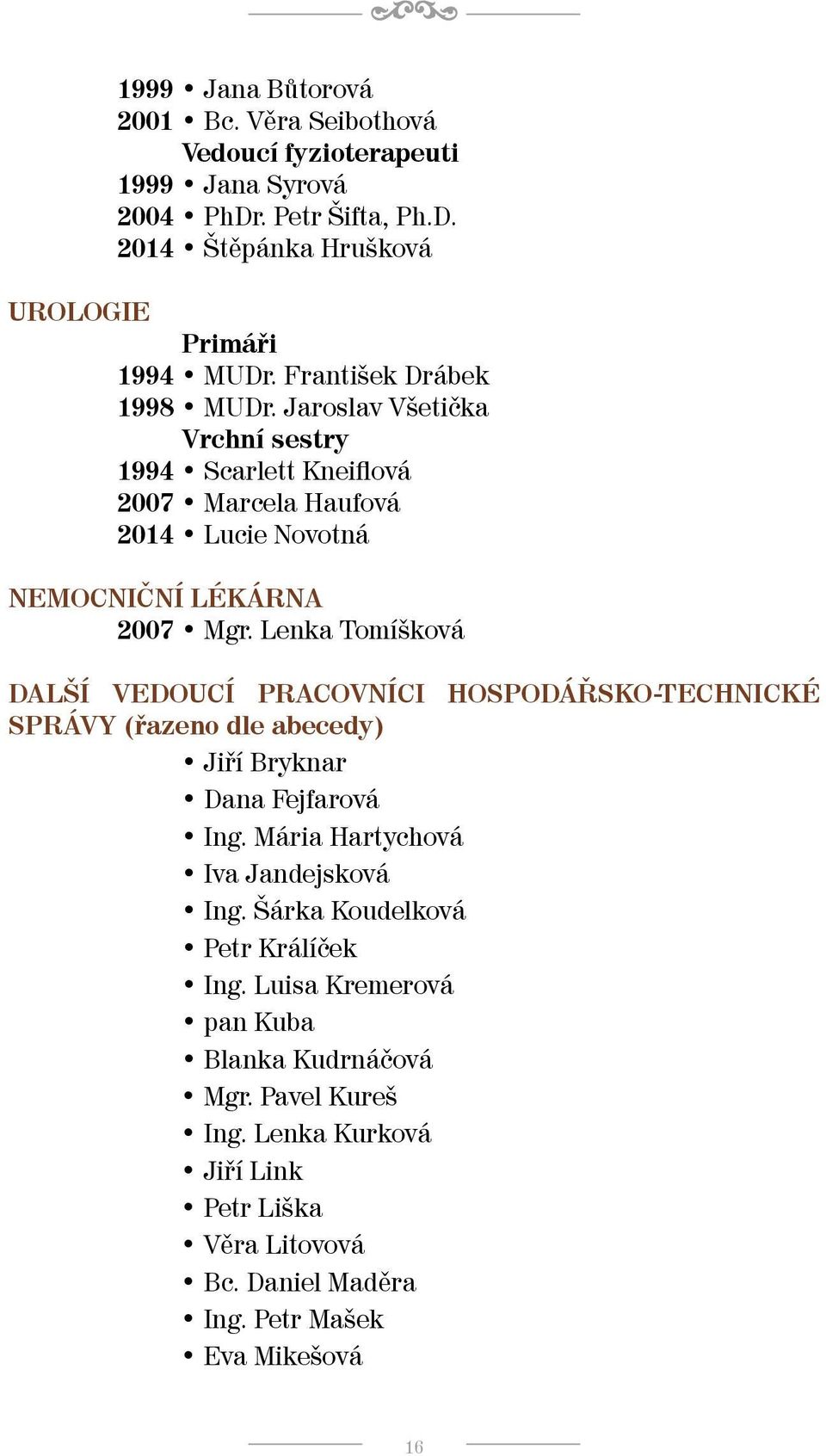 Lenka Tomíšková DALŠÍ VEDOUCÍ PRACOVNÍCI HOSPODÁŘSKO-TECHNICKÉ SPRÁVY (řazeno dle abecedy) Jiří Bryknar Dana Fejfarová Ing. Mária Hartychová Iva Jandejsková Ing.