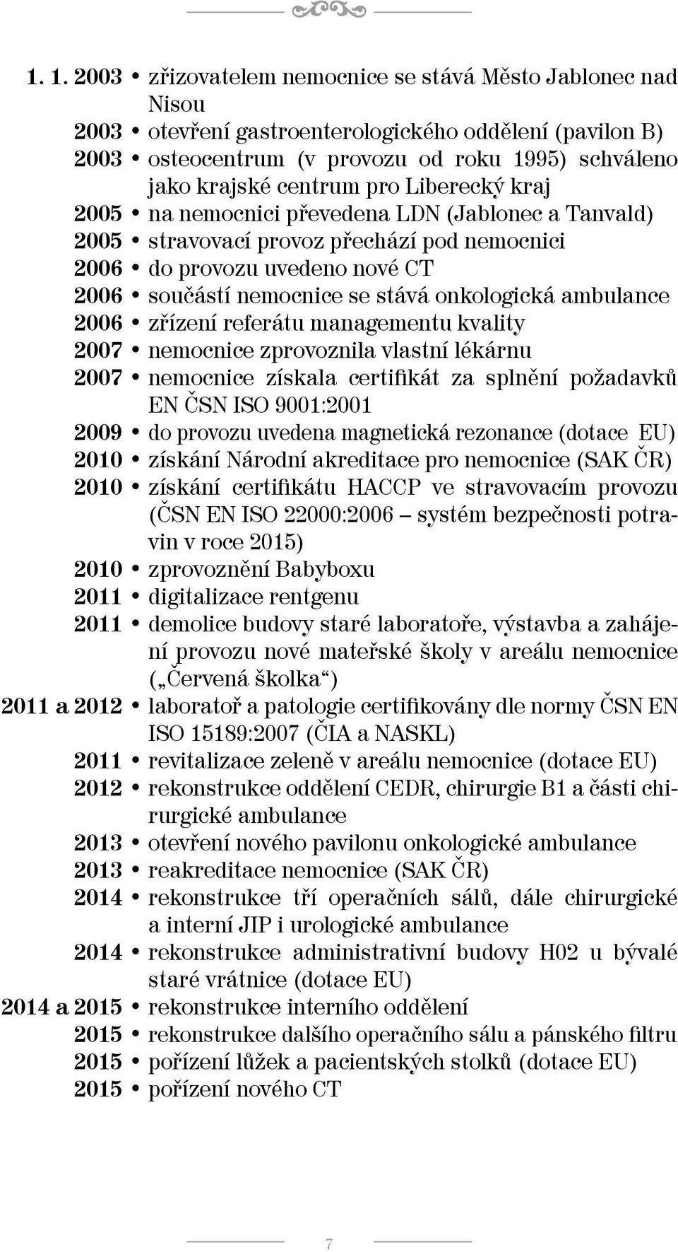 ambulance 2006 zřízení referátu managementu kvality 2007 nemocnice zprovoznila vlastní lékárnu 2007 nemocnice získala certifikát za splnění požadavků EN ČSN ISO 9001:2001 2009 do provozu uvedena