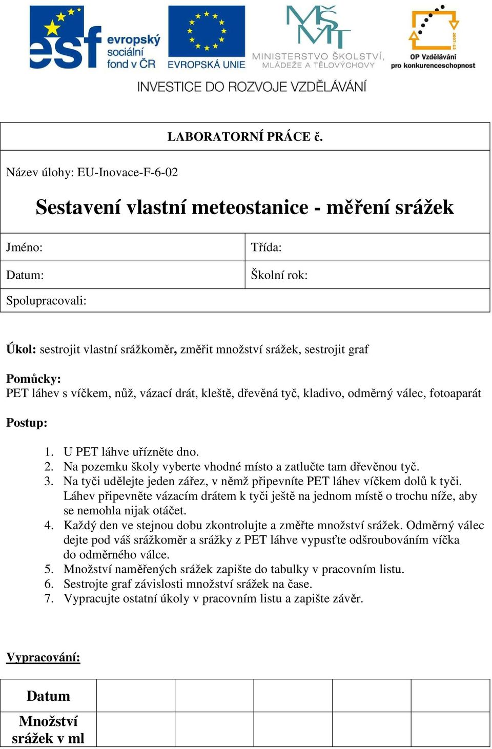 graf Pomůcky: PET láhev s víčkem, nůž, vázací drát, kleště, dřevěná tyč, kladivo, odměrný válec, fotoaparát Postup: 1. U PET láhve uřízněte dno. 2.