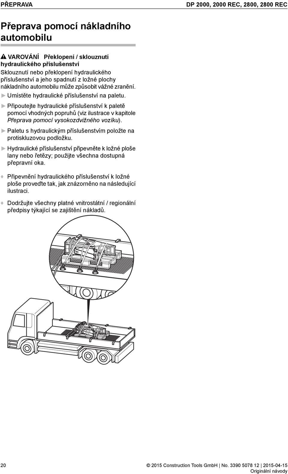 Připoutejte hydraulické příslušenství k paletě pomocí vhodných popruhů (viz ilustrace v kapitole Přeprava pomocí vysokozdvižného vozíku).