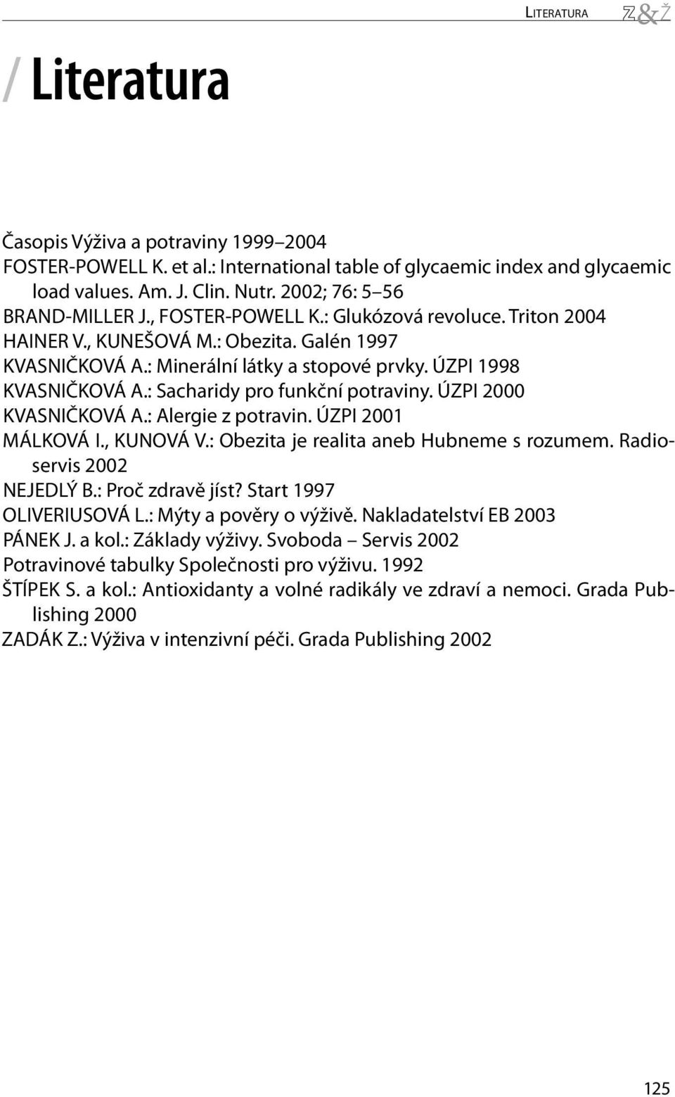 : Sacharidy pro funkční potraviny. ÚZPI 2000 KVASNIČKOVÁ A.: Alergie z potravin. ÚZPI 2001 MÁLKOVÁ I., KUNOVÁ V.: Obezita je realita aneb Hubneme s rozumem. Radioservis 2002 NEJEDLÝ B.