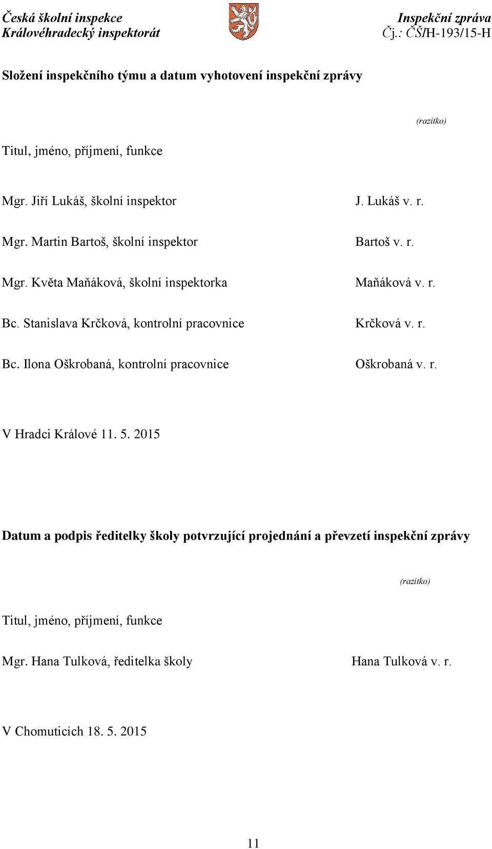 Stanislava Krčková, kontrolní pracovnice Krčková v. r. Bc. Ilona Oškrobaná, kontrolní pracovnice Oškrobaná v. r. V Hradci Králové 11. 5.