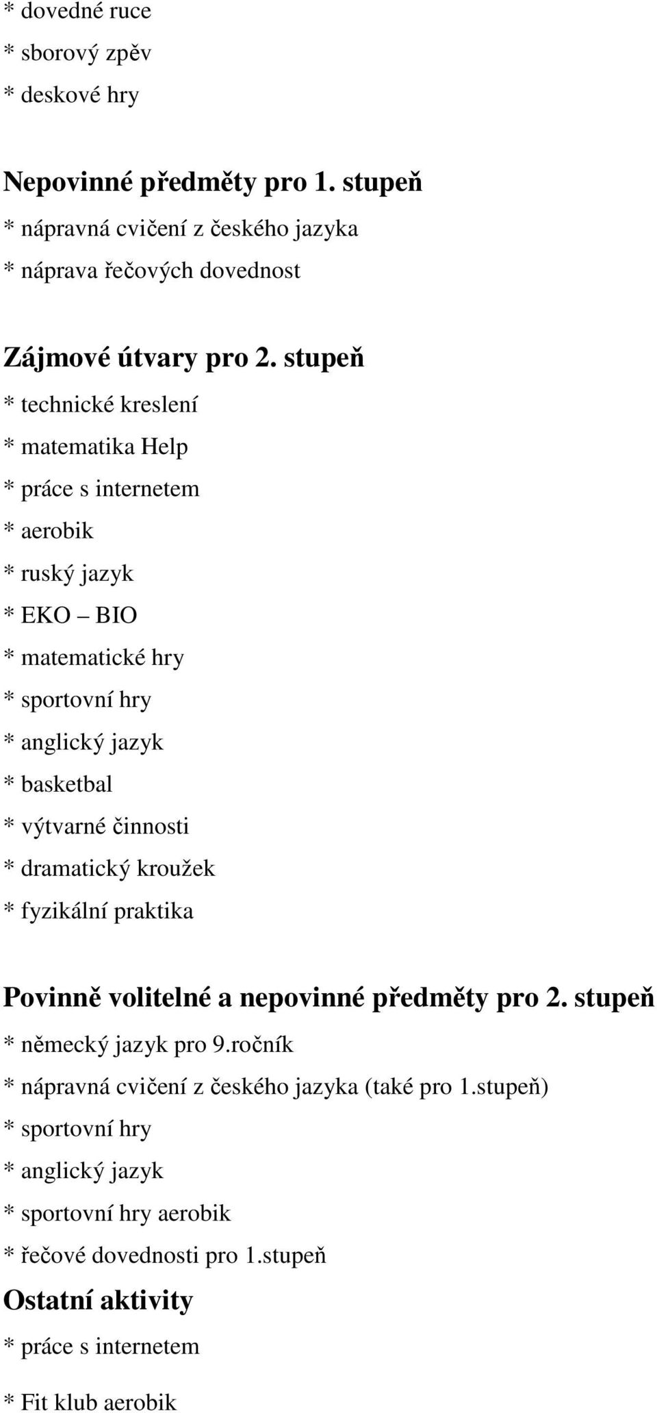 výtvarné činnosti * dramatický kroužek * fyzikální praktika Povinně volitelné a nepovinné předměty pro 2. stupeň * německý jazyk pro 9.