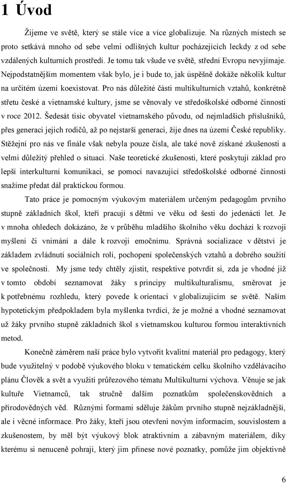 Pro nás důleţité části multikulturních vztahů, konkrétně střetu české a vietnamské kultury, jsme se věnovaly ve středoškolské odborné činnosti v roce 2012.