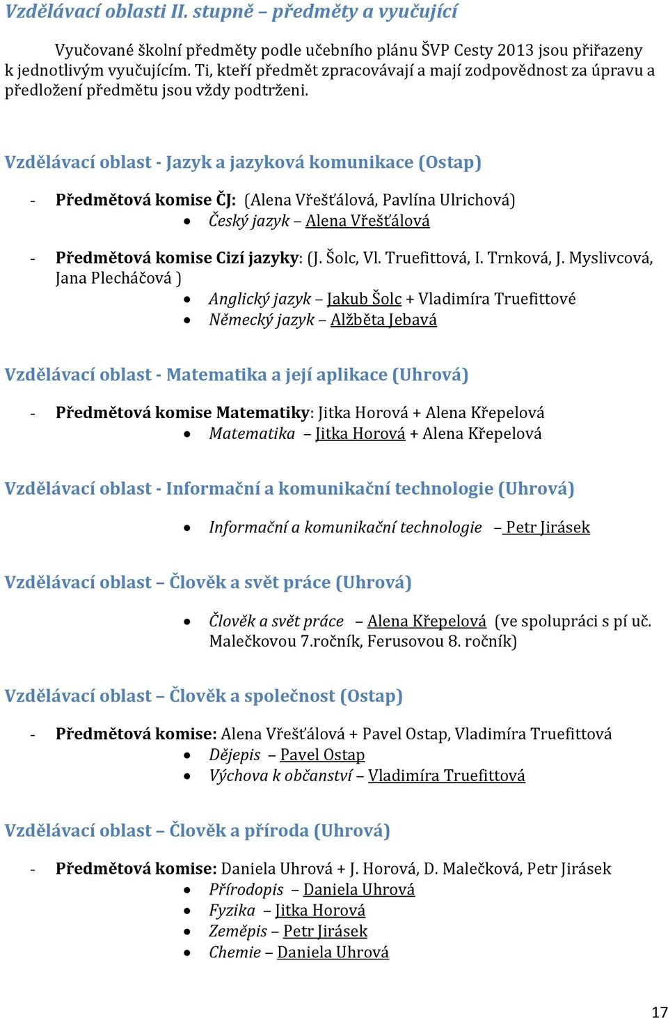 Vzdělávací oblast - Jazyk a jazyková komunikace (Ostap) - Předmětová komise ČJ: (Alena Vřešťálová, Pavlína Ulrichová) Český jazyk Alena Vřešťálová - Předmětová komise Cizí jazyky: (J. Šolc, Vl.