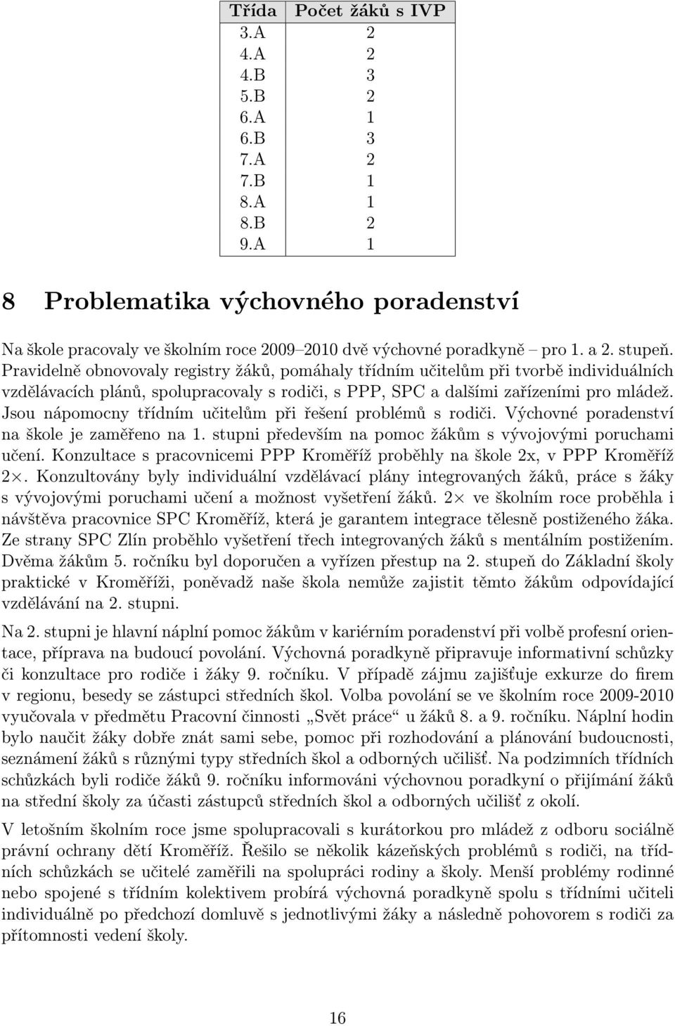 Pravidelně obnovovaly registry žáků, pomáhaly třídním učitelům při tvorbě individuálních vzdělávacích plánů, spolupracovaly s rodiči, s PPP, SPC a dalšími zařízeními pro mládež.