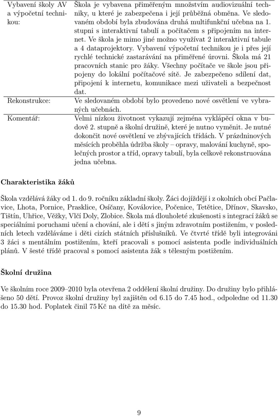 Ve škola je mimo jiné možno využívat 2 interaktivní tabule a 4 dataprojektory. Vybavení výpočetní technikou je i přes její rychlé technické zastarávání na přiměřené úrovni.