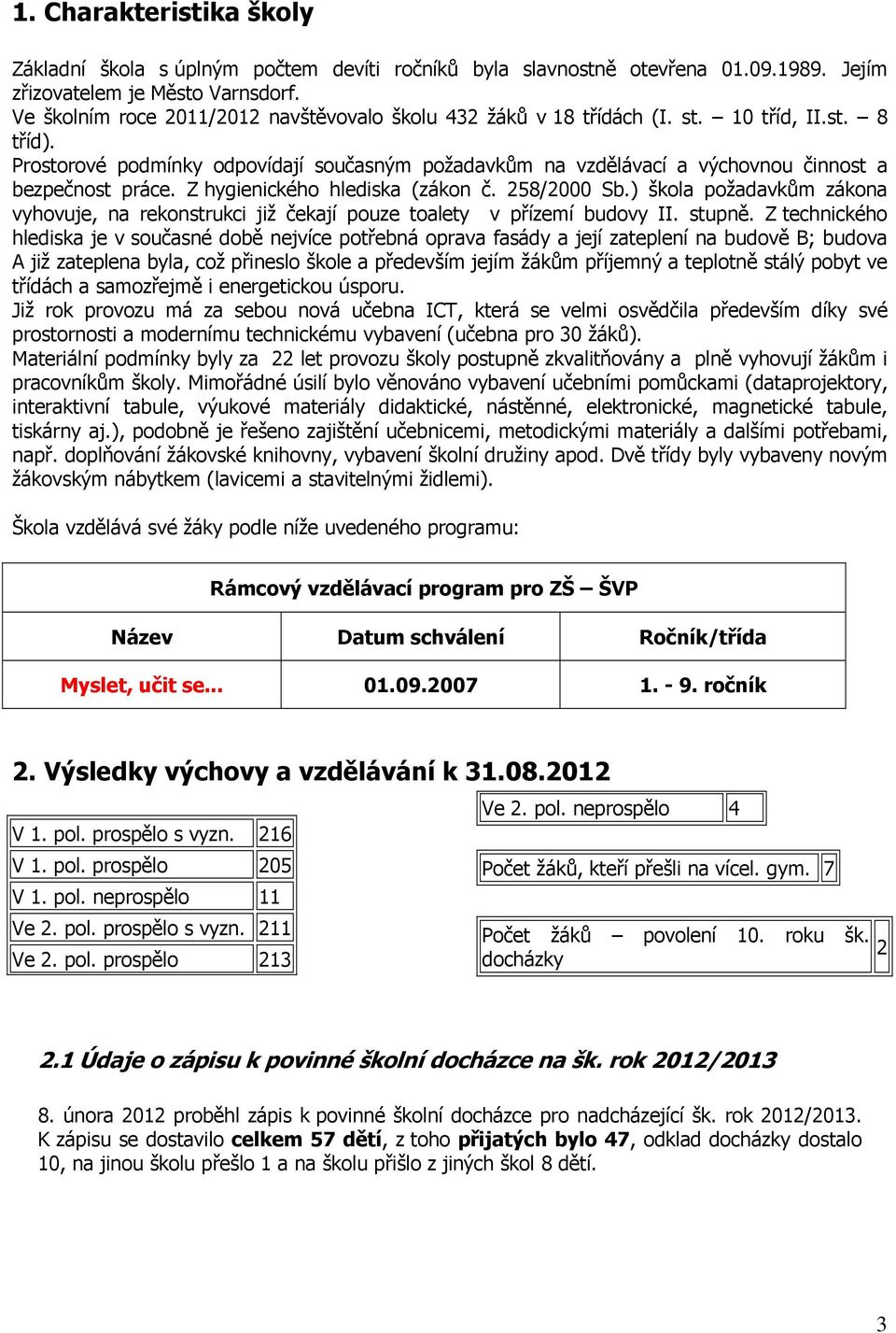 Prostorové podmínky odpovídají současným požadavkům na vzdělávací a výchovnou činnost a bezpečnost práce. Z hygienického hlediska (zákon č. 258/2000 Sb.