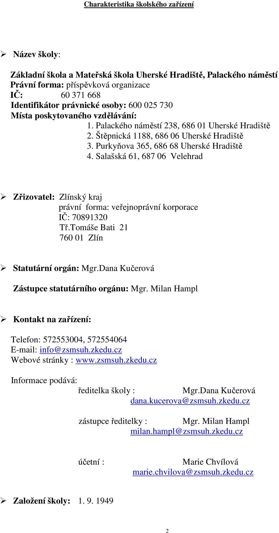 Salašská 61, 687 06 Velehrad Zřizovatel: Zlínský kraj právní forma: veřejnoprávní korporace IČ: 70891320 Tř.Tomáše Bati 21 760 01 Zlín Statutární orgán: Mgr.