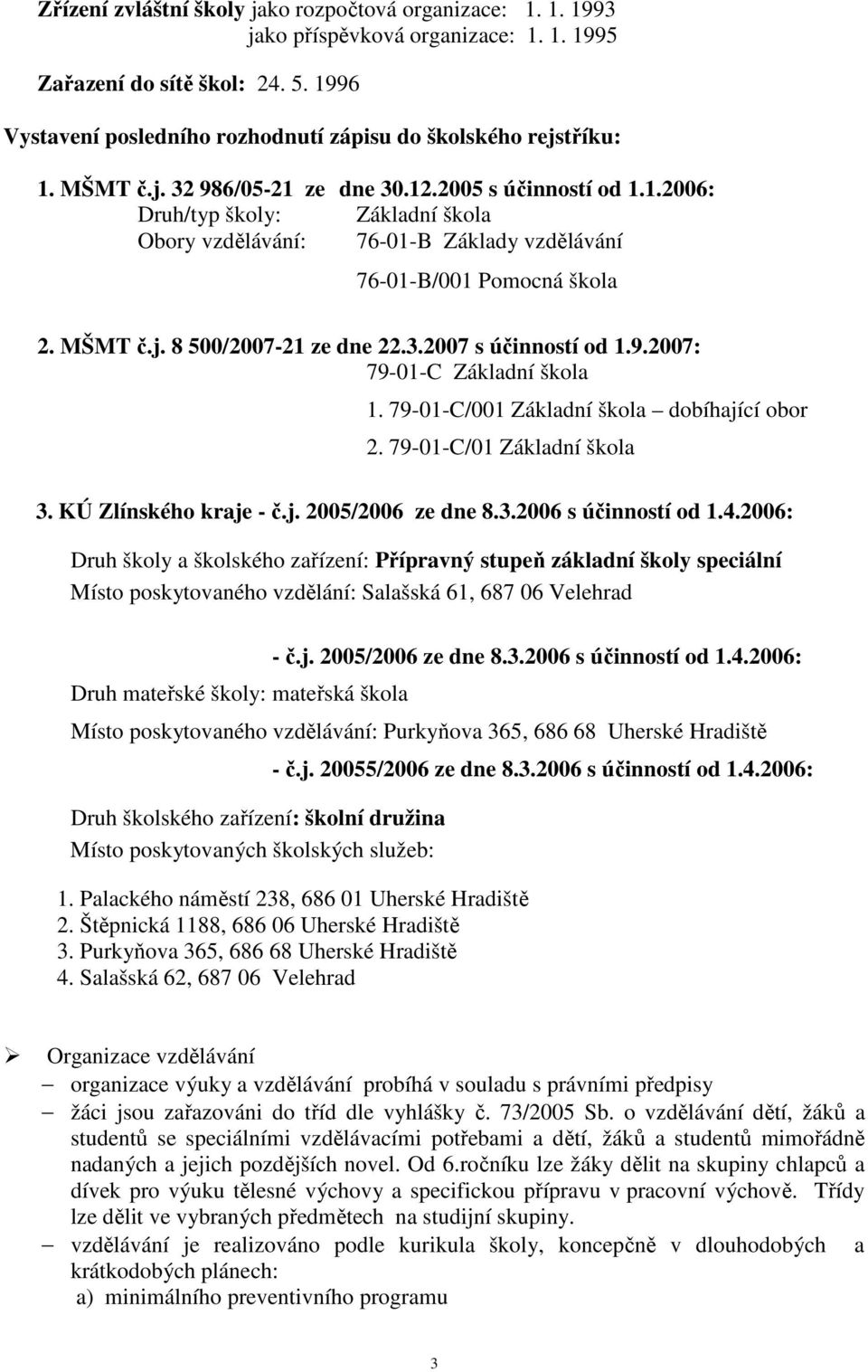 MŠMT č.j. 8 500/2007-21 ze dne 22.3.2007 s účinností od 1.9.2007: 79-01-C Základní škola 1. 79-01-C/001 Základní škola dobíhající obor 2. 79-01-C/01 Základní škola 3. KÚ Zlínského kraje - č.j. 2005/2006 ze dne 8.