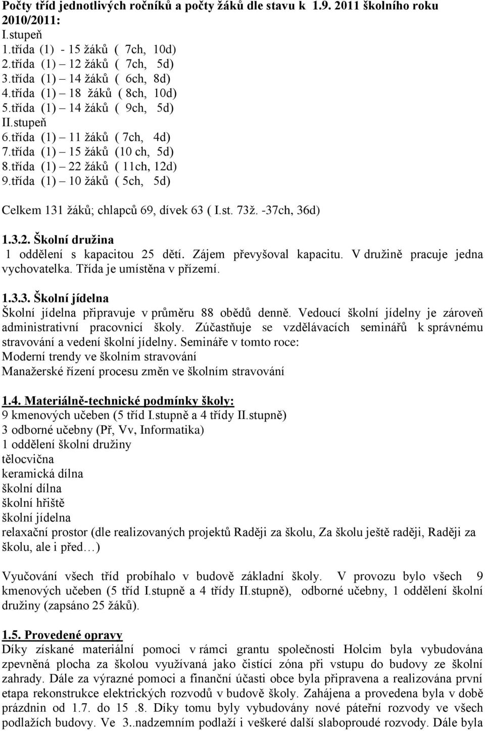 třída (1) 10 žáků ( 5ch, 5d) Celkem 131 žáků; chlapců 69, dívek 63 ( I.st. 73ž. -37ch, 36d) 1.3.2. Školní družina 1 oddělení s kapacitou 25 dětí. Zájem převyšoval kapacitu.