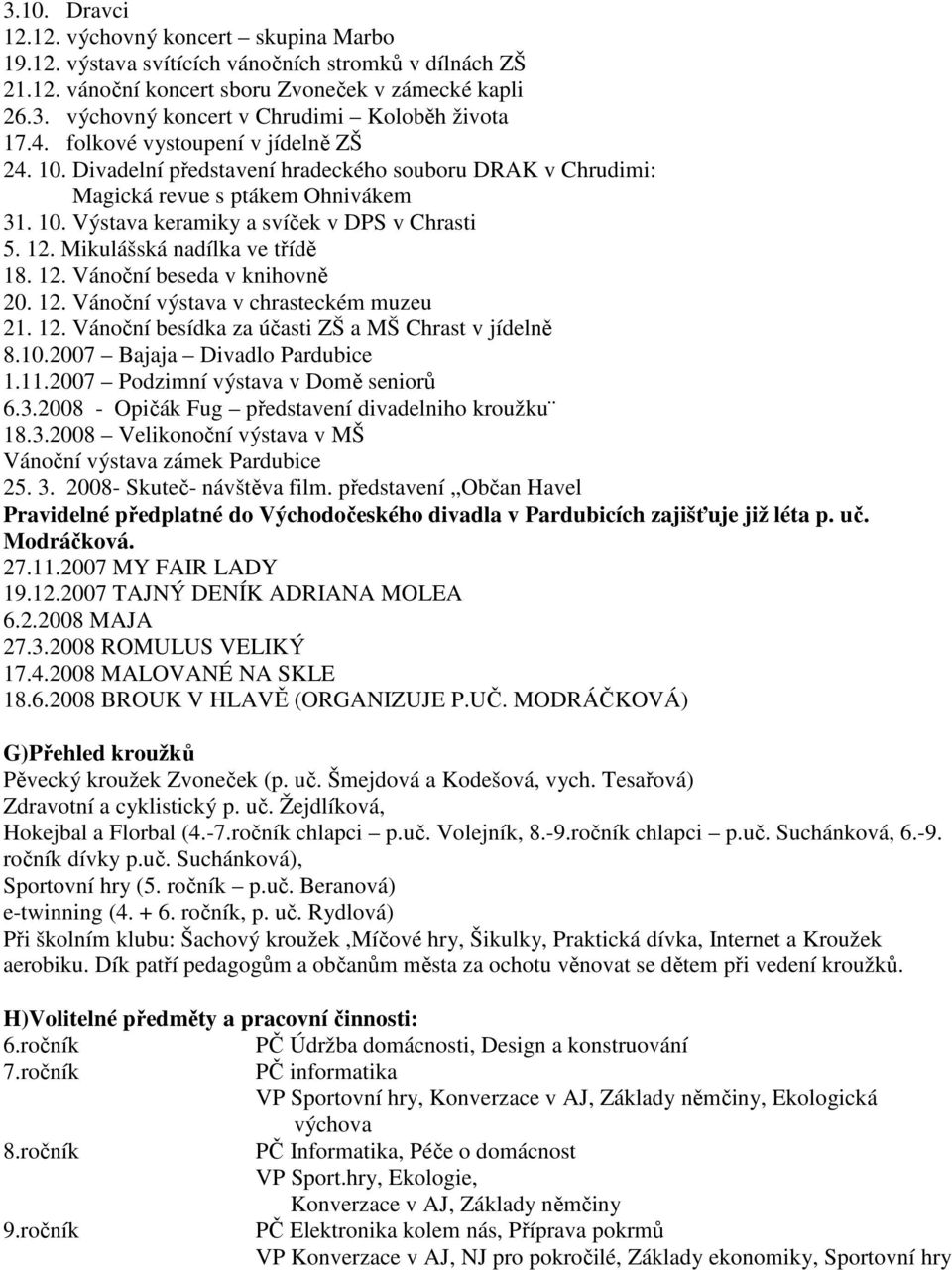 Mikulášská nadílka ve třídě 18. 12. Vánoční beseda v knihovně 20. 12. Vánoční výstava v chrasteckém muzeu 21. 12. Vánoční besídka za účasti ZŠ a MŠ Chrast v jídelně 8.10.