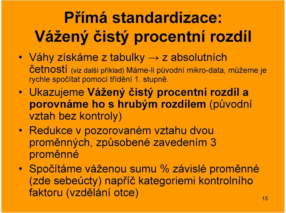 Ukazujeme Vážený čistý procentní rozdíl a porovnáme ho s hrubým rozdílem (původní vztah bez kontroly) Redukce v