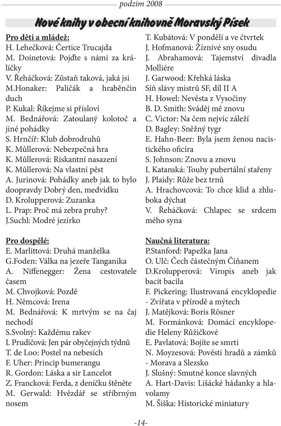 Můllerová: Riskantní nasazení K. Můllerová: Na vlastní pěst A. Jurinová: Pohádky aneb jak to bylo doopravdy Dobrý den, medvídku D. Krolupperová: Zuzanka L. Prap: Proč má zebra pruhy? J.Suchl: Modré jezírko T.