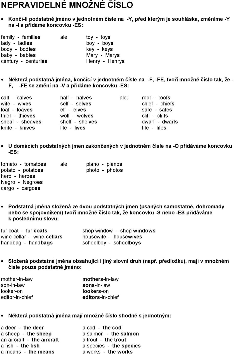 na -V a přidáme koncovku -ES: calf - calves half - halves ale: roof - roofs wife - wives self - selves chief - chiefs loaf - loaves elf - elves safe - safes thief - thieves wolf - wolves cliff -