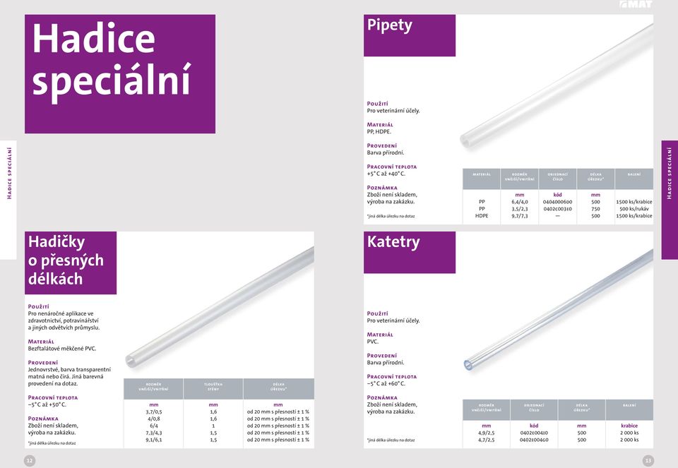 speciální Hadičky o přesných délkách Katetry Pro nenáročné aplikace ve zdravotnictví, potravinářství a jiných odvětvích průyslu. Bezftalátové ěkčené PVC.