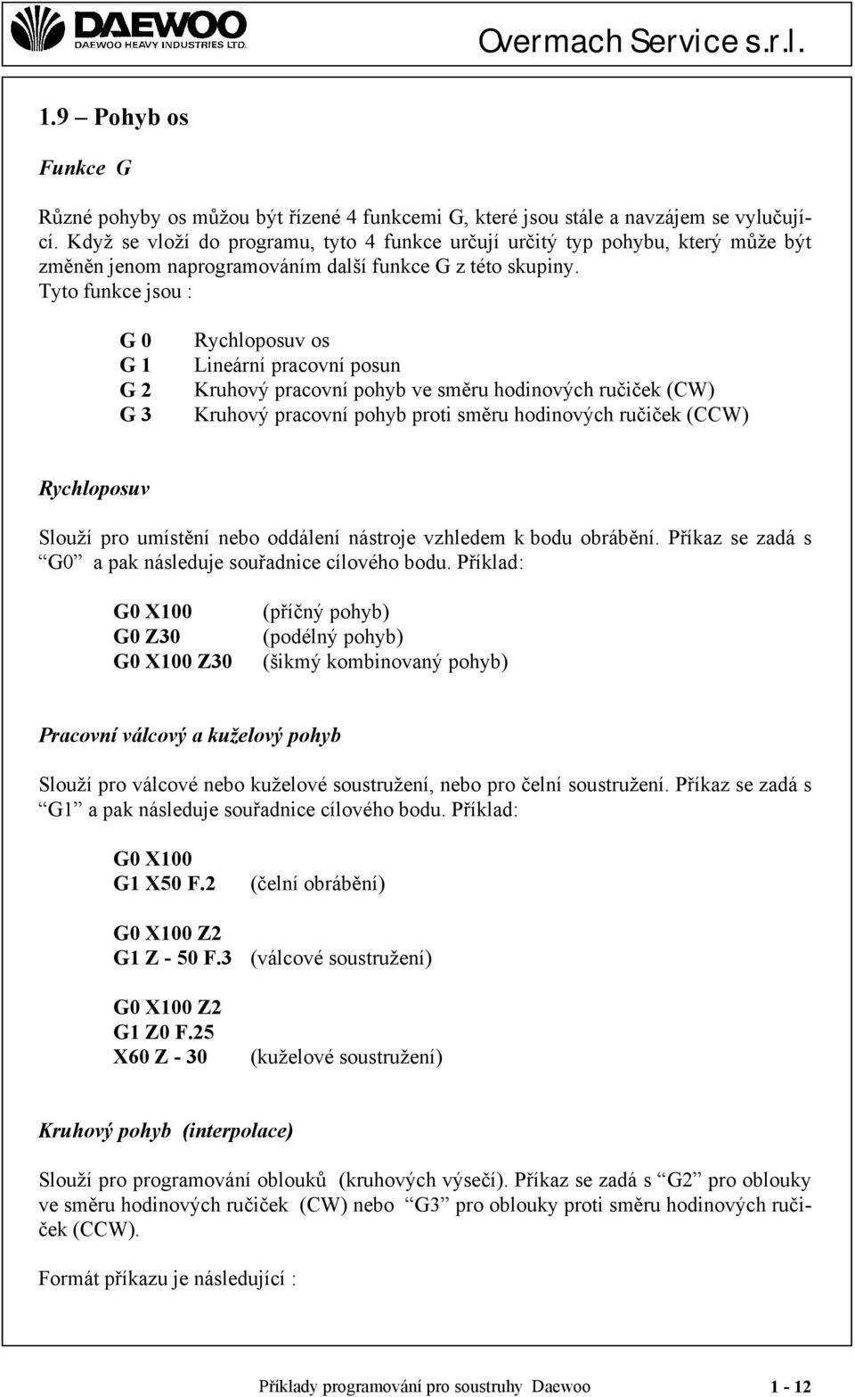 Tyto funkce jsou : G 0 G 1 G 2 G 3 Rychloposuv os Lineární pracovní posun Kruhový pracovní pohyb ve směru hodinových ručiček (CW) Kruhový pracovní pohyb proti směru hodinových ručiček (CCW)