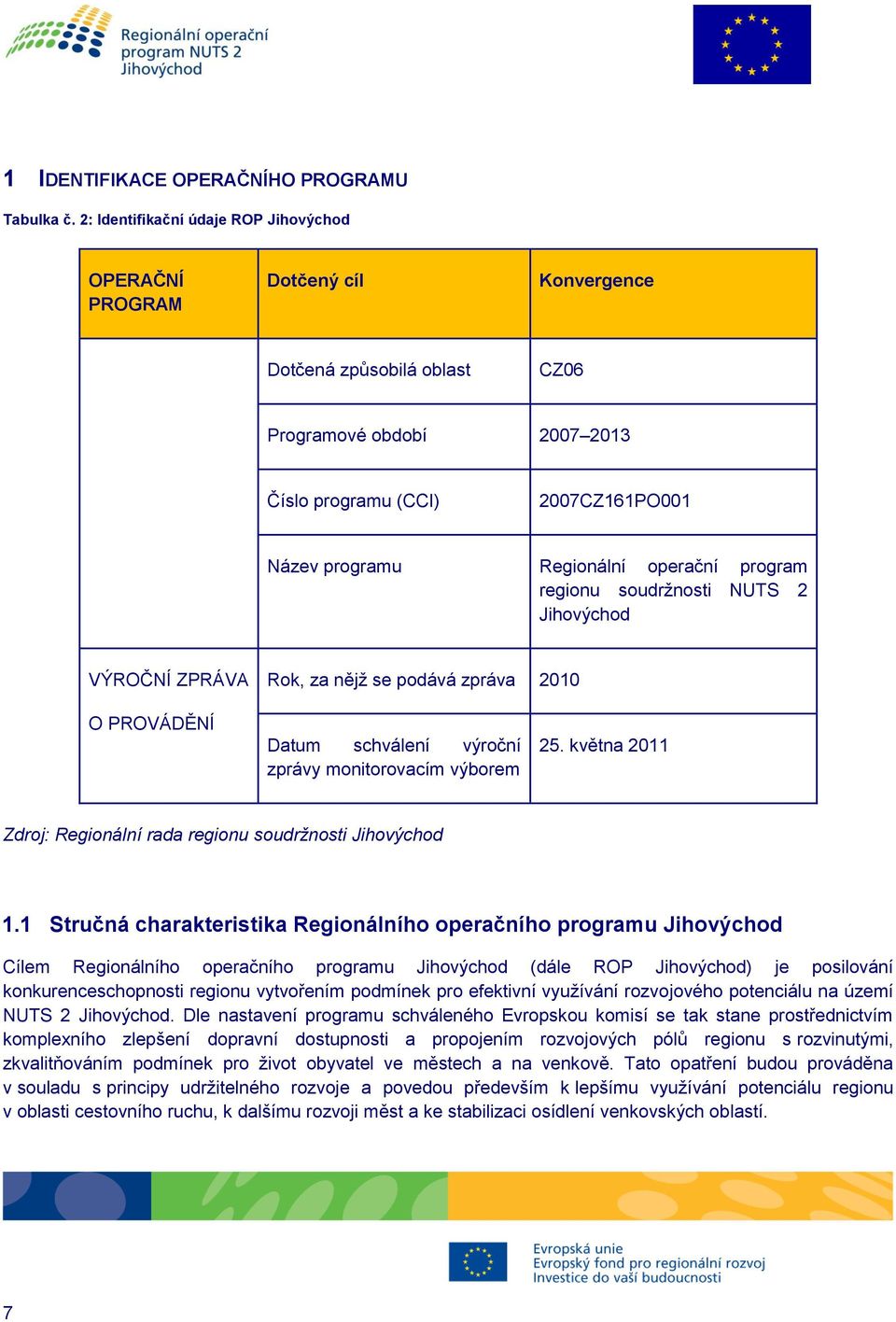 operační program regionu soudržnosti NUTS 2 Jihovýchod VÝROČNÍ ZPRÁVA Rok, za nějž se podává zpráva 2010 O PROVÁDĚNÍ Datum schválení výroční zprávy monitorovacím výborem 25.