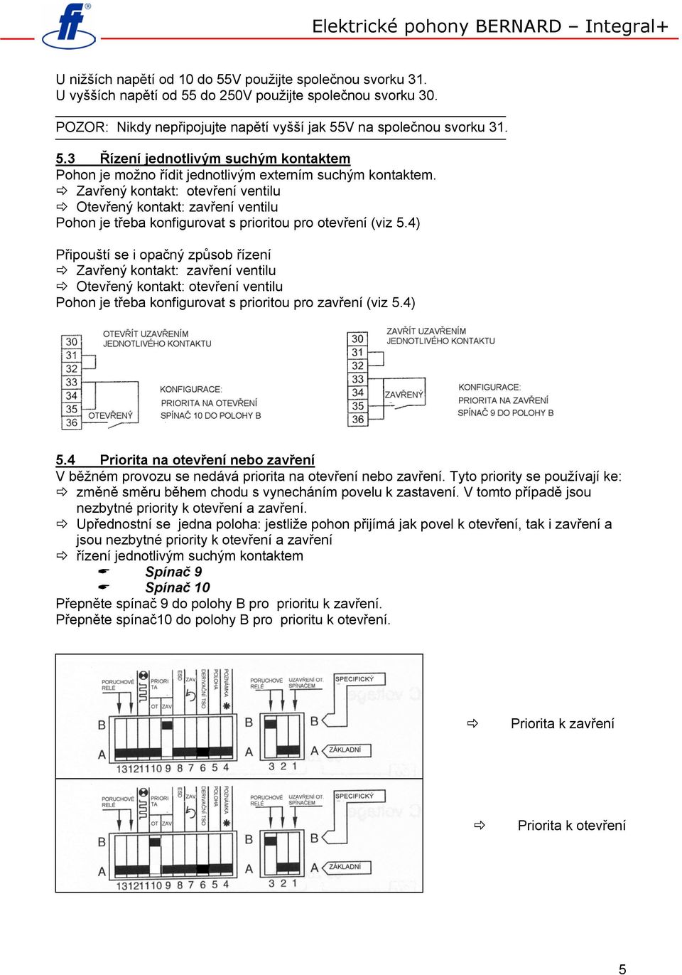 4) Připouští se i opačný způsob řízení Zavřený kontakt: zavření ventilu Otevřený kontakt: otevření ventilu Pohon je třeba konfigurovat s prioritou pro zavření (viz 5.4) 5.