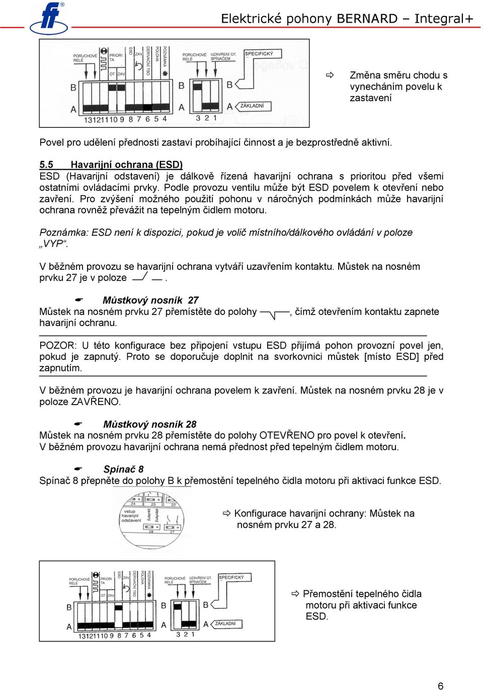 Podle provozu ventilu může být ESD povelem k otevření nebo zavření. Pro zvýšení možného použití pohonu v náročných podmínkách může havarijní ochrana rovněž převážit na tepelným čidlem motoru.