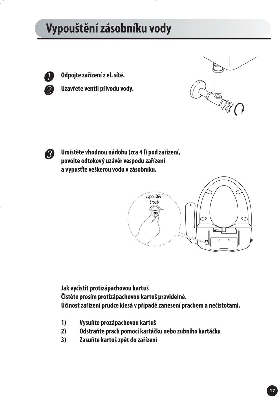 vypouštěcí šroub Jak vyčistit protizápachovou kartuš čistěte prosím protizápachovou kartuš pravidelně.