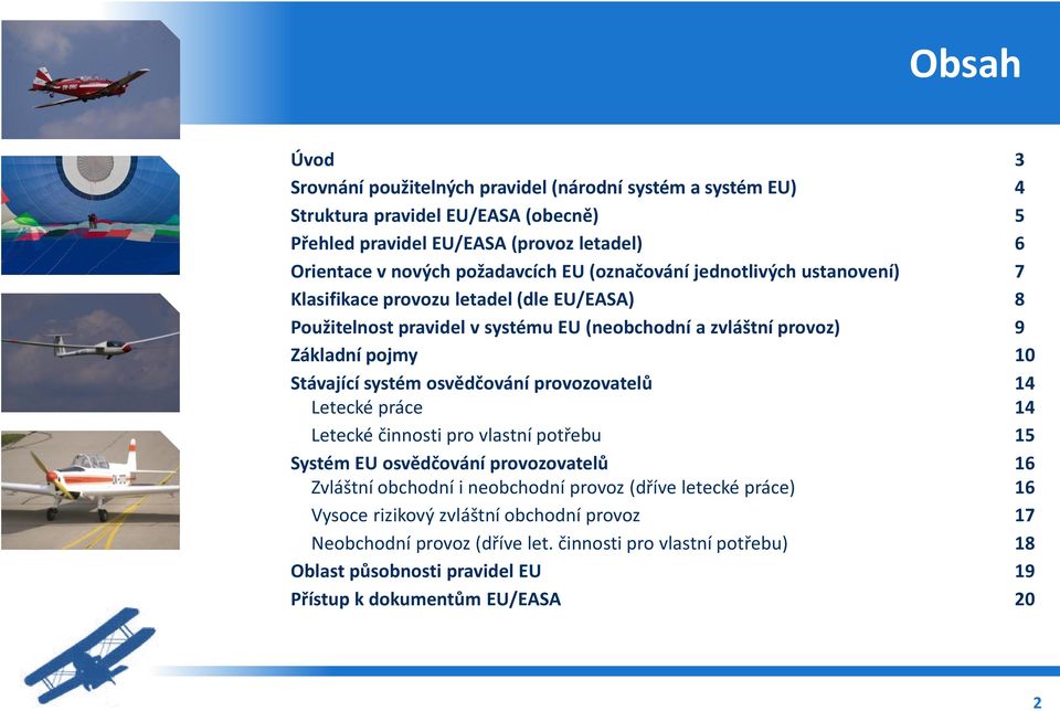 Stávající systém osvědčování provozovatelů 14 Letecké práce 14 Letecké činnosti pro vlastní potřebu 15 Systém EU osvědčování provozovatelů 16 Zvláštní obchodní i neobchodní provoz