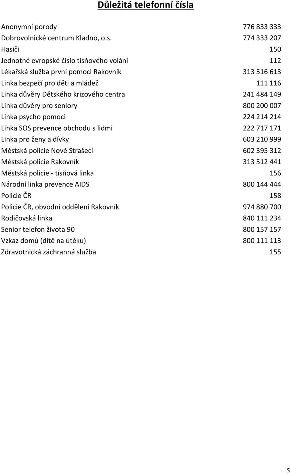 774 333 207 Hasiči 150 Jednotné evropské číslo tísňového volání 112 Lékařská služba první pomoci Rakovník 313 516 613 Linka bezpečí pro děti a mládež 111 116 Linka důvěry Dětského krizového centra