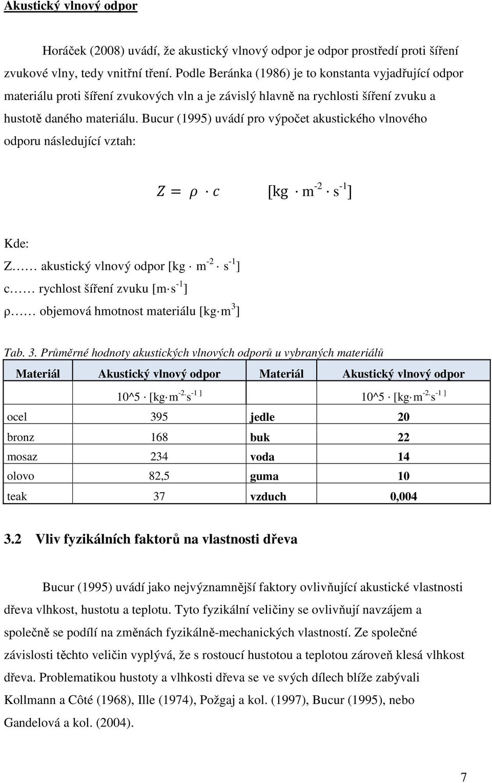 Bucur (1995) uvádí pro výpočet akustického vlnového odporu následující vztah: = [kg m -2 s -1 ] Kde: Z akustický vlnový odpor [kg m -2 s -1 ] c rychlost šíření zvuku [m s -1 ] ρ objemová hmotnost