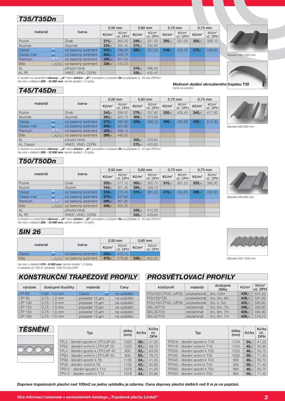 hliník 319,- 386,00 AL PE HNED, VINO, CERN 335,- 405,40 K dostání ve variantách stěnový - A nebo střešní - B ; provedení s prolisem Dn za příplatek 5,- bez /m 2 Na míru v délkách 200-12 000 mm;