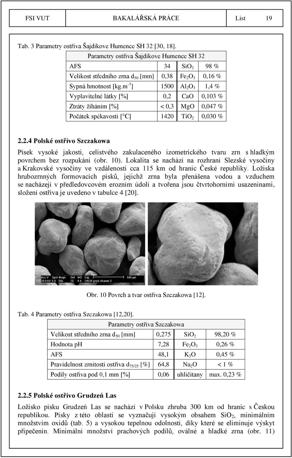 m -3 ] 1500 Al 2 O 3 1,4 % Vyplavitelné látky [%] 0,2 CaO 0,103 % Ztráty žíháním [%] < 0,3 MgO 0,047 % Počátek spékavosti [ C] 1420 TiO 2 0,030 % 2.2.4 Polské ostřivo Szczakowa Písek vysoké jakosti, celistvého zakulaceného izometrického tvaru zrn s hladkým povrchem bez rozpukání (obr.