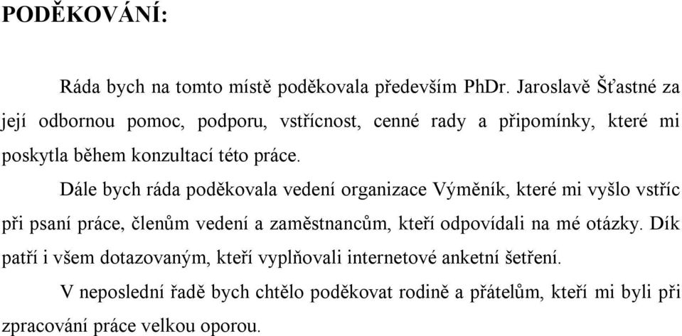 Dále bych ráda poděkovala vedení organizace Výměník, které mi vyšlo vstříc při psaní práce, členům vedení a zaměstnancům, kteří