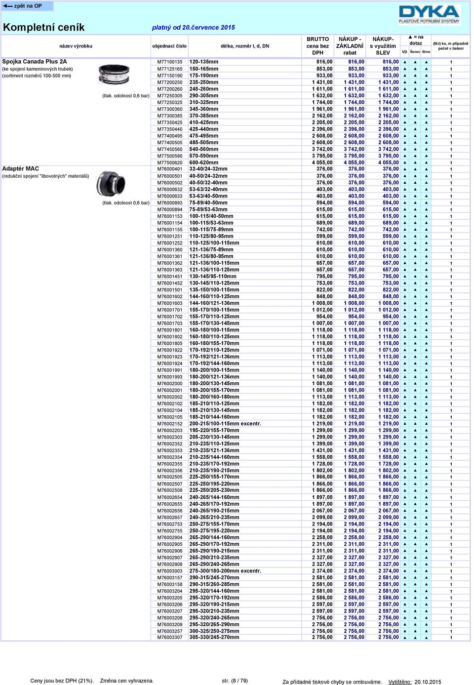 odolnost 0,6 bar) M77250305 290-305mm 1 632,00 1 632,00 1 632,00 1 M77250325 310-325mm 1 744,00 1 744,00 1 744,00 1 M77300360 345-360mm 1 961,00 1 961,00 1 961,00 1 M77300385 370-385mm 2 162,00 2