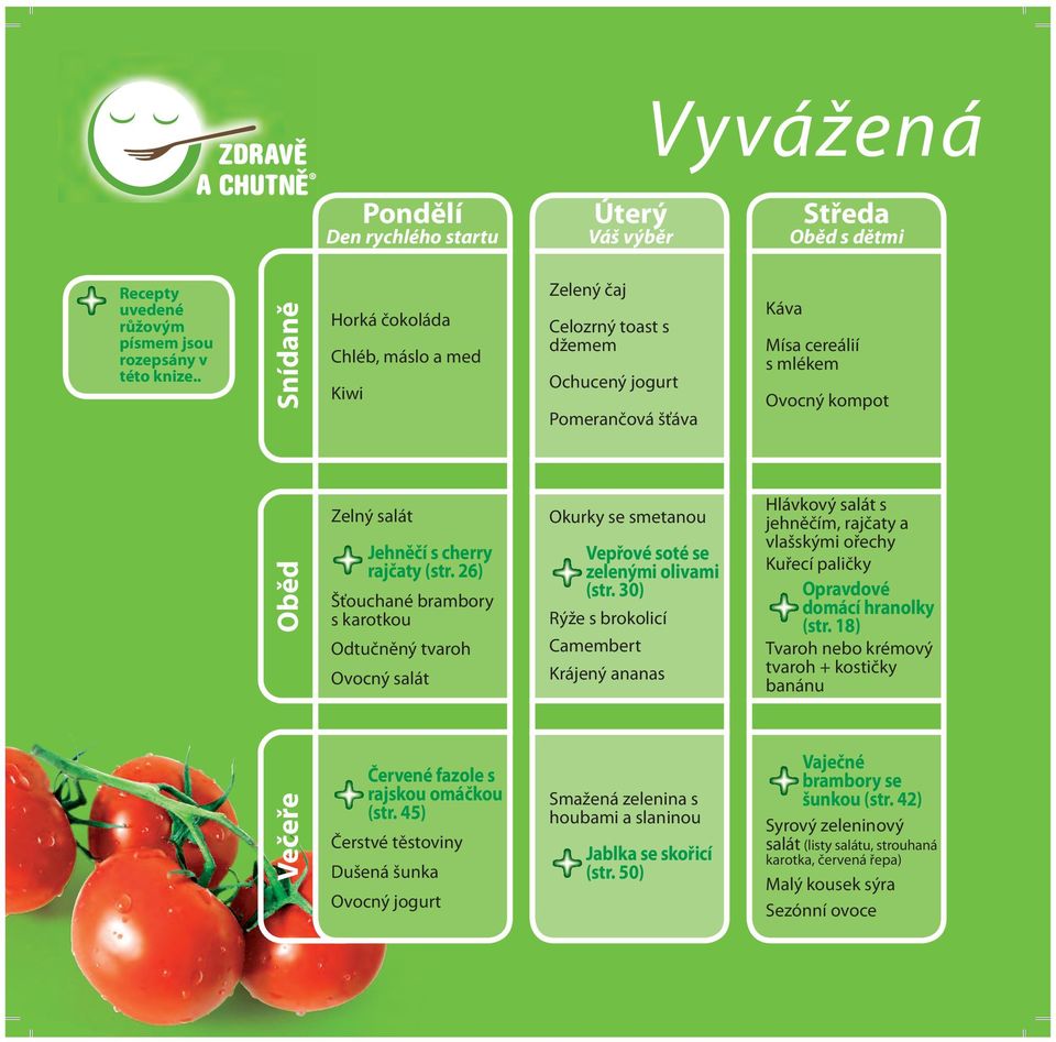 26) Šťouchané brambory s karotkou Odtučněný tvaroh Ovocný salát Zelený čaj Celozrný toast s džemem Ochucený jogurt Pomerančová šťáva Okurky se smetanou Vepřové soté se zelenými olivami (str.
