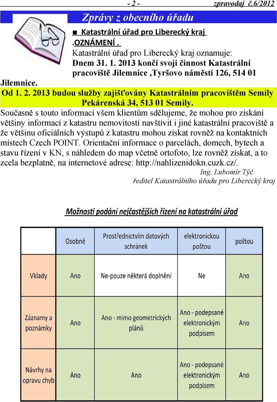 Současně s touto informací všem klientům sdělujeme, že mohou pro získání většiny informací z katastru nemovitostí navštívit i jiné katastrální pracoviště a že většinu oficiálních výstupů z katastru