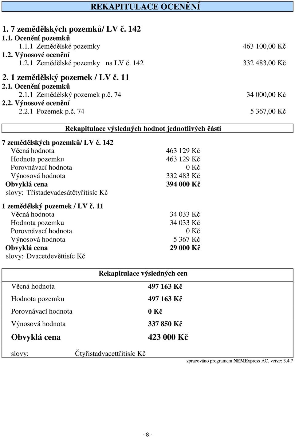 142 Věcná hodnota Hodnota pozemku Porovnávací hodnota Výnosová hodnota Obvyklá cena slovy: Třistadevadesátčtyřitisíc Kč 1 zemědělský pozemek / LV č.