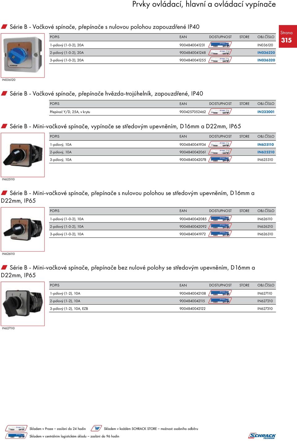 vypínače se středovým upevněním, D16mm a D22mm, IP65 1-pólový, 10A 9004840041934 I N 62 5110 2-pólový, 10A 9004840042061 I N 62 5210 3-pólový, 10A 9004840042078 IN625310 IN625110 w Série B -