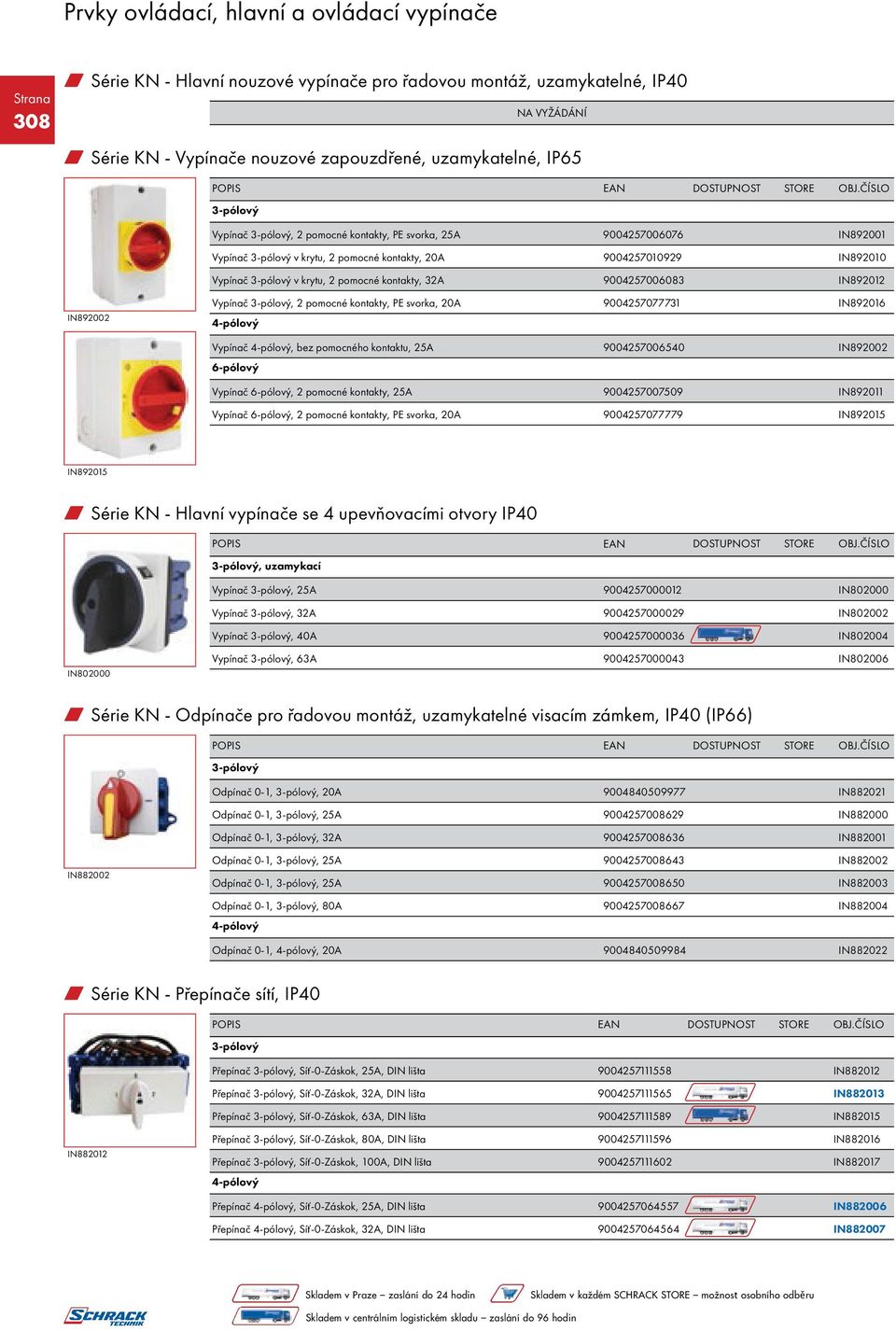 IN892002 Vypínač 3-pólový, 2 pomocné kontakty, PE svorka, 20A 9004257077731 IN892016 4-pólový Vypínač 4-pólový, bez pomocného kontaktu, 25A 9004257006540 IN892002 6-pólový Vypínač 6-pólový, 2 pomocné