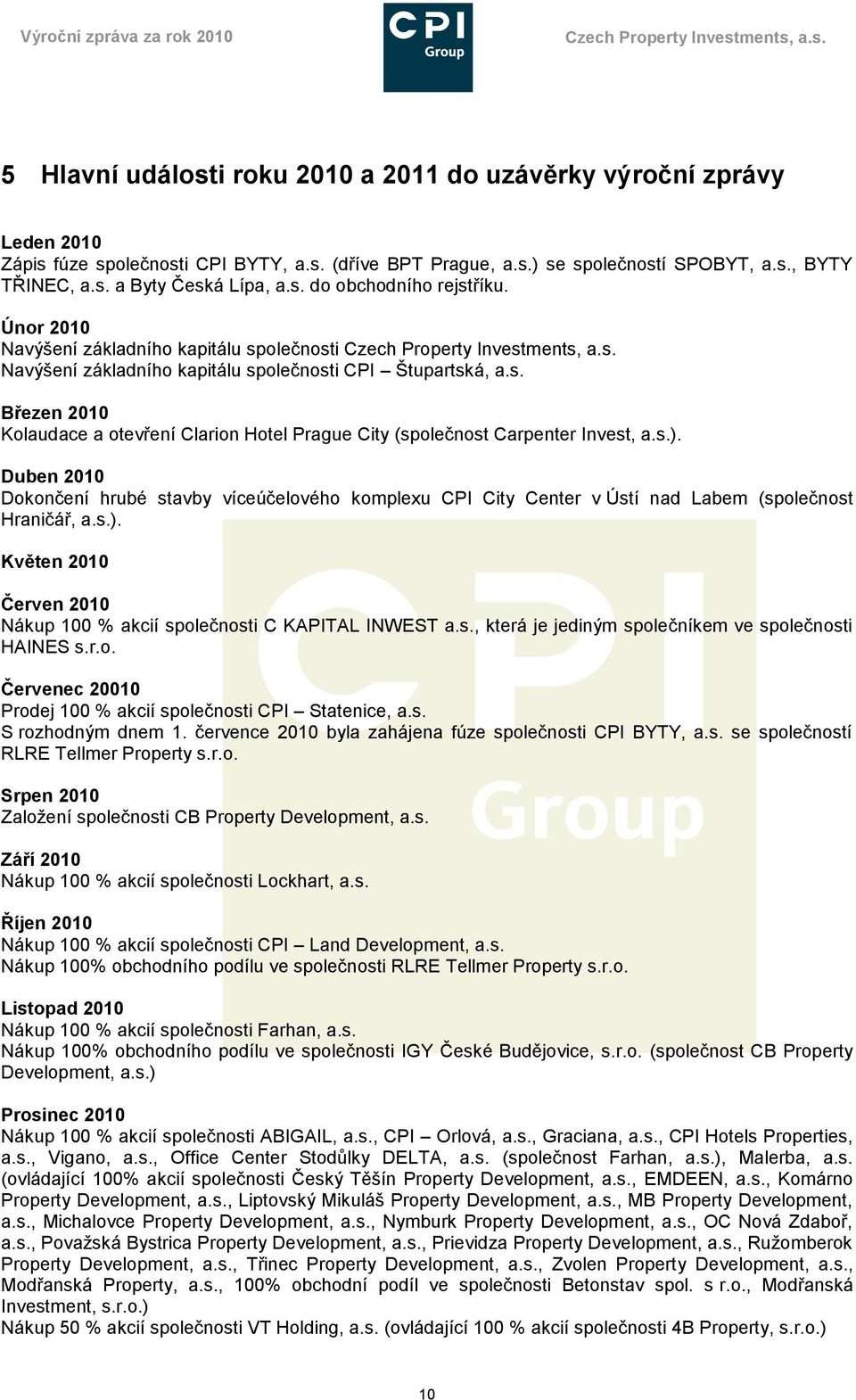 s.). Duben 2010 Dokončení hrubé stavby víceúčelového komplexu CPI City Center v Ústí nad Labem (společnost Hraničář, a.s.). Květen 2010 Červen 2010 Nákup 100 % akcií společnosti C KAPITAL INWEST a.s., která je jediným společníkem ve společnosti HAINES s.