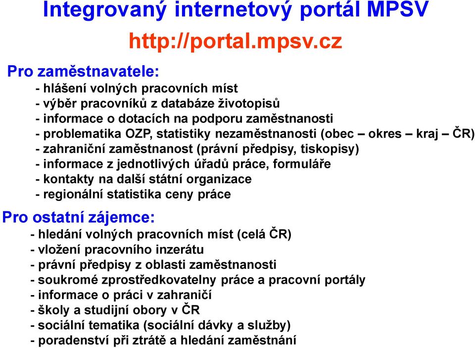 (obec okres kraj ČR) - zahraniční zaměstnanost (právní předpisy, tiskopisy) - informace z jednotlivých úřadů práce, formuláře - kontakty na další státní organizace - regionální statistika ceny